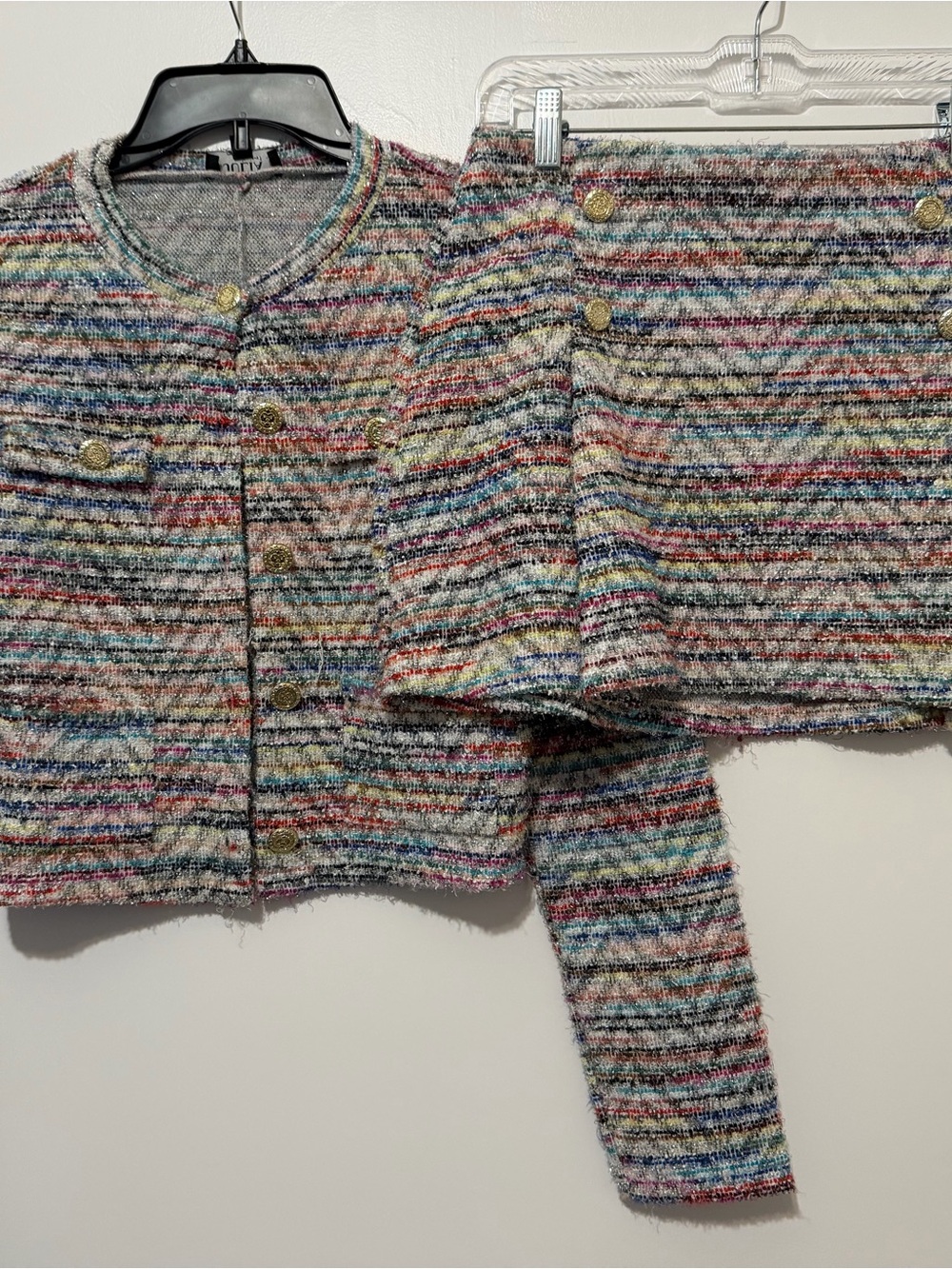 Multicolor Tweed Jacket & Mini Skirt Matching Set - Button Front